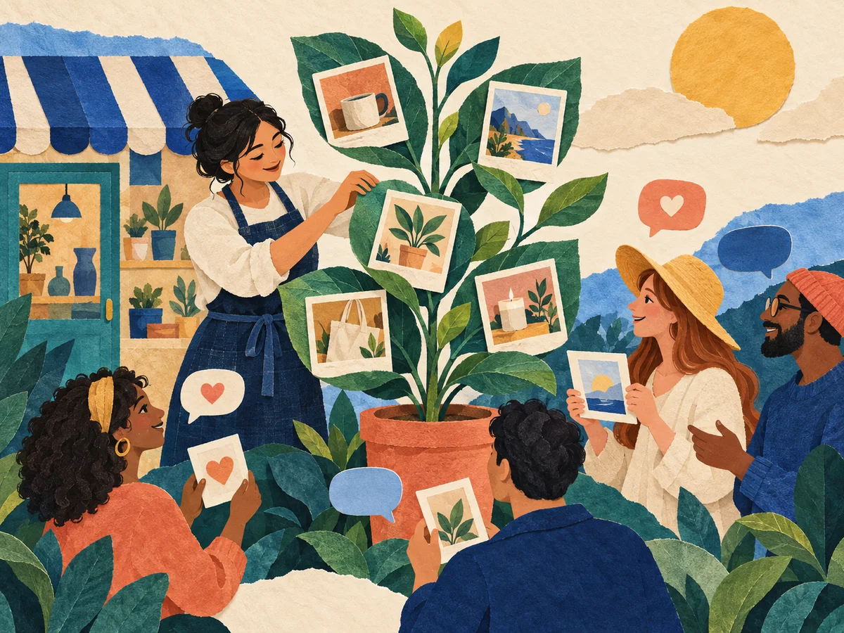 Shop owner nurturing a growing community garden with customers