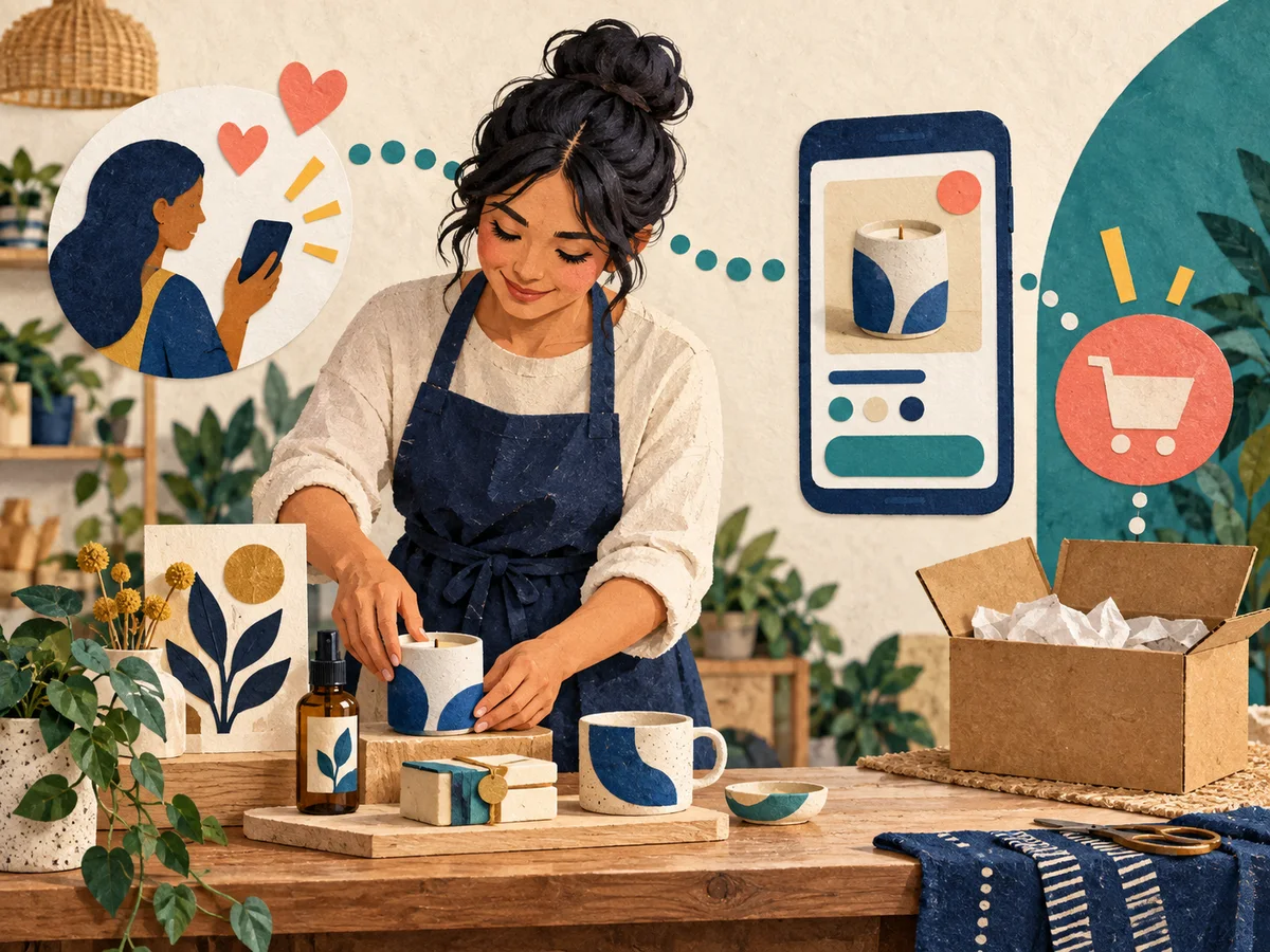 A shop owner connects product discovery on a phone with an online order.