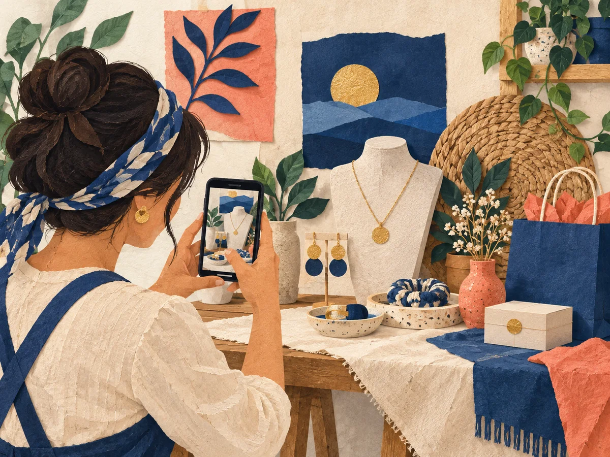 A shop owner photographs products for a welcoming social storefront.
