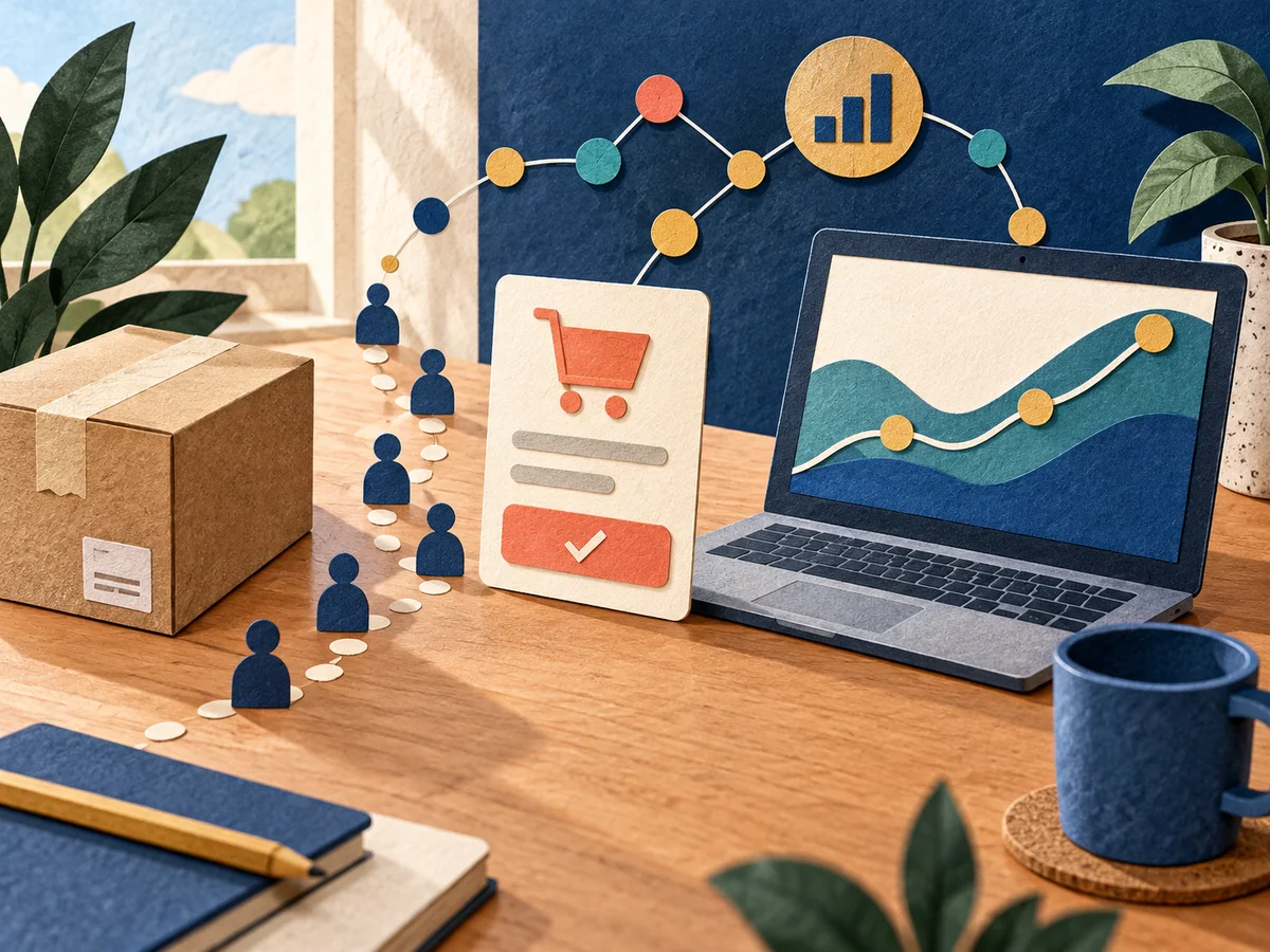 Connected tracking points link an online order to a text-free analytics chart.