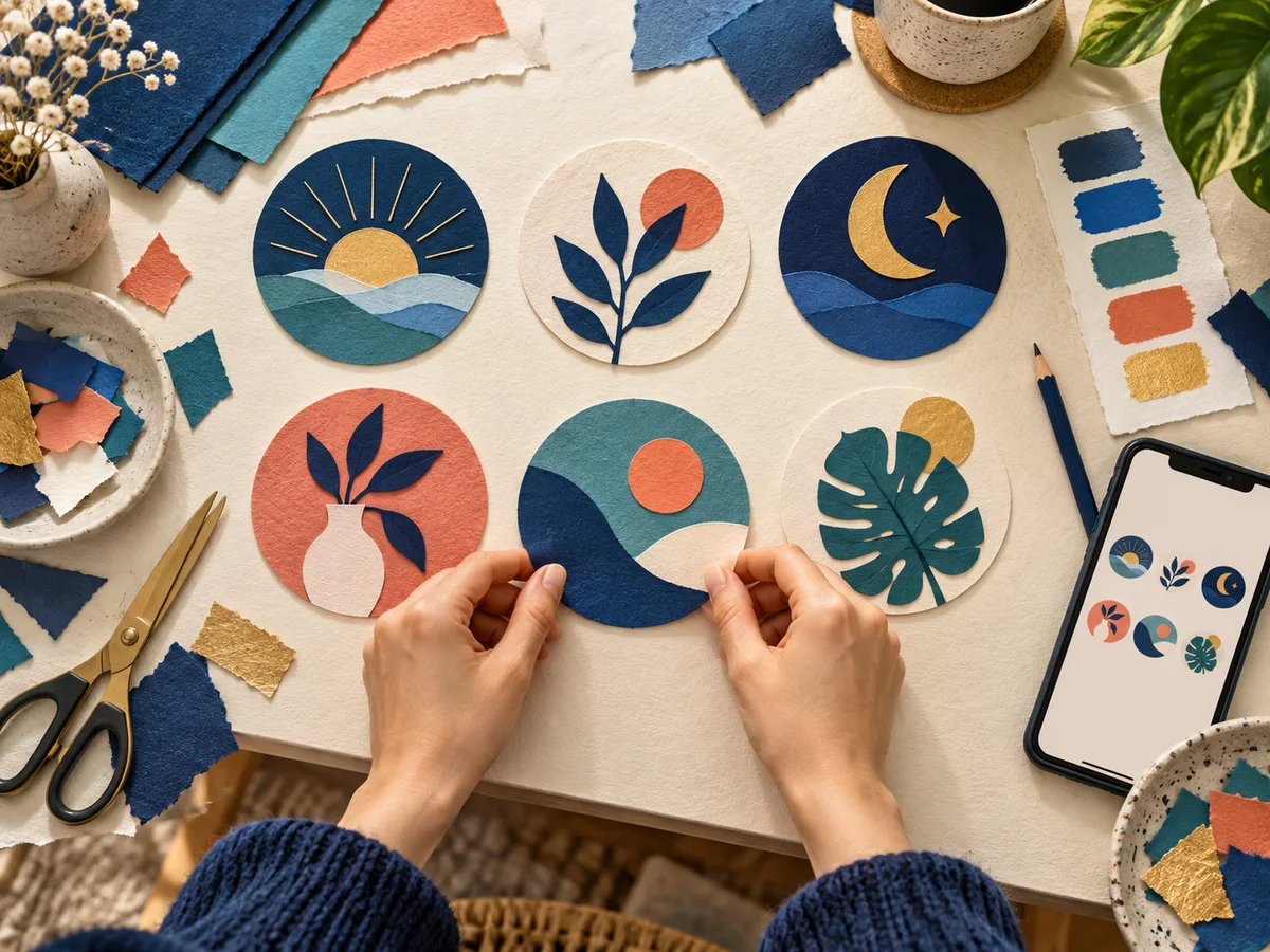 A designer arranges colorful circular highlight covers on a paper craft desk.