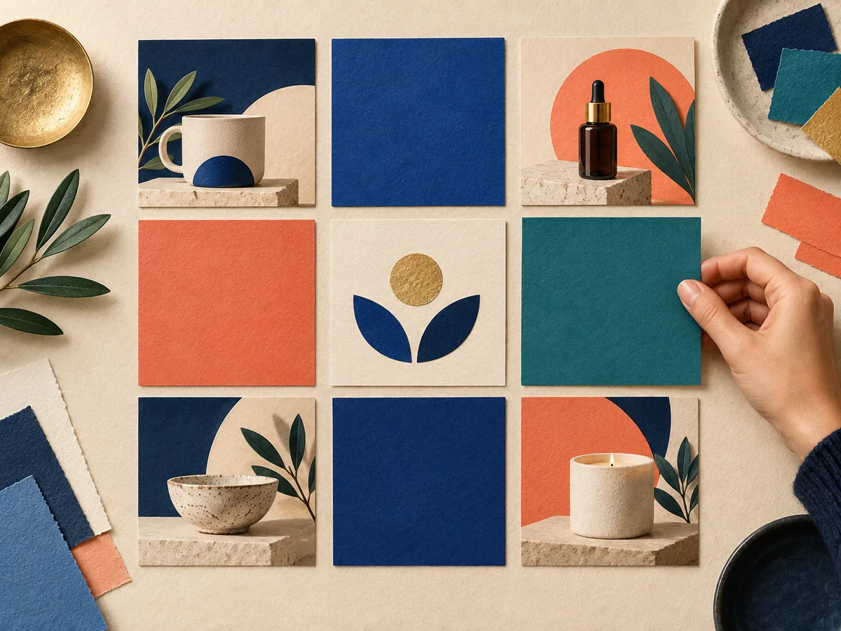 A hand arranges coordinated product and color tiles into a feed grid.