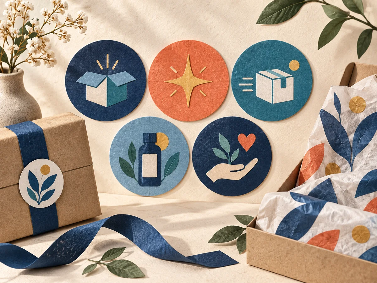 A boutique brand’s coordinated circular story covers sit beside a product parcel.