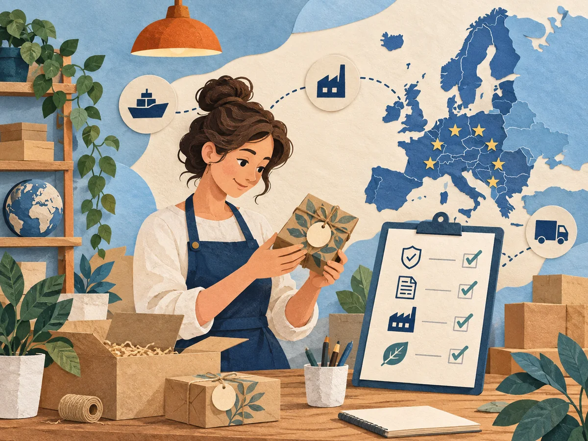 An online shop owner checks a product safety checklist beside a map of Europe and shipping parcels