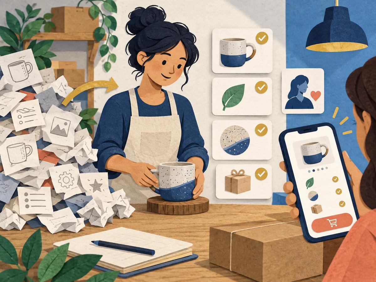 Shop owner refining a product description with clear benefit cards