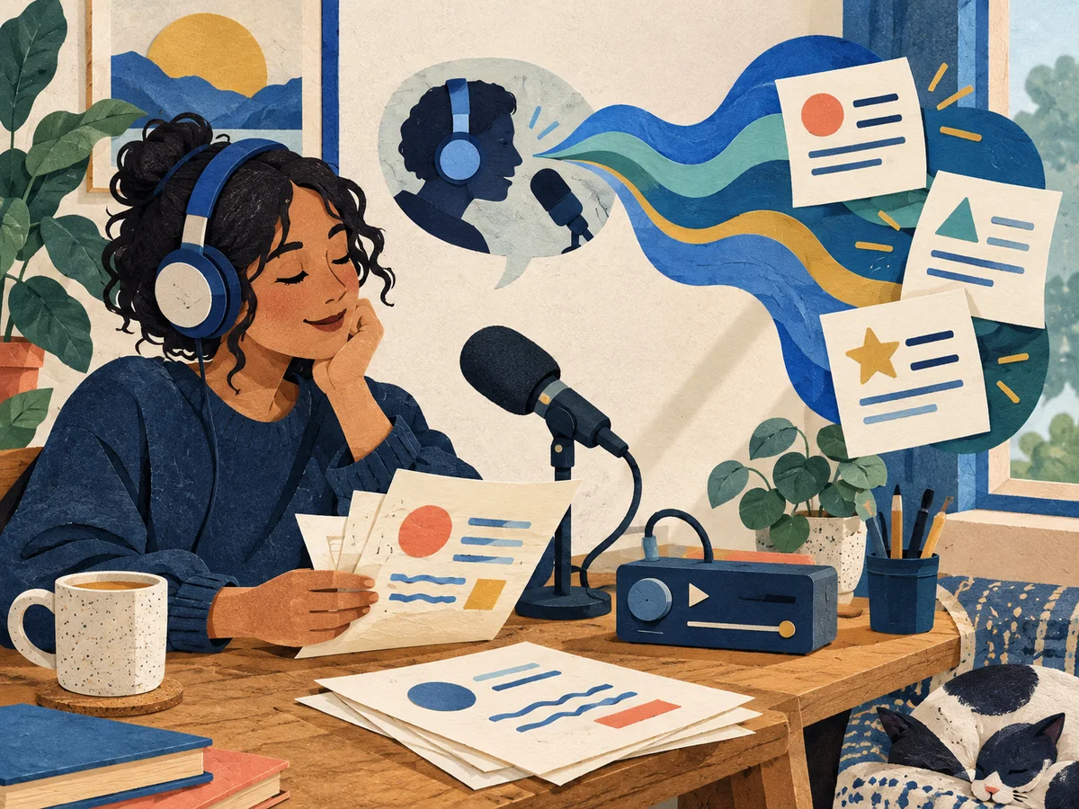 Listener reading an episode summary beside headphones and microphone